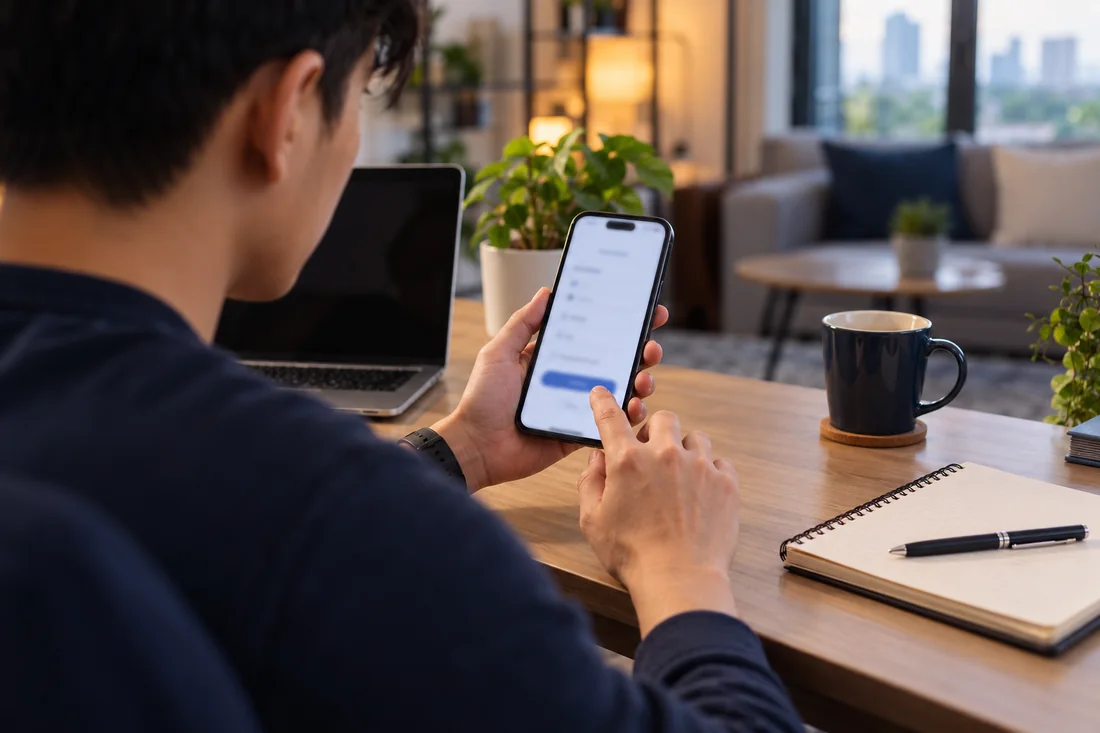 Person completing a sign-up form on a phone at home