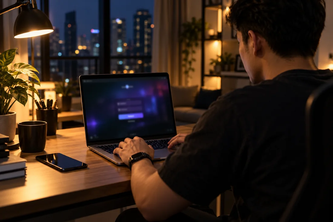 Person signing in on a laptop at home