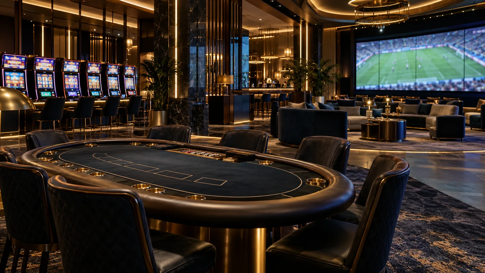 Gaming lounge with card table, slot cabinets and a sports display