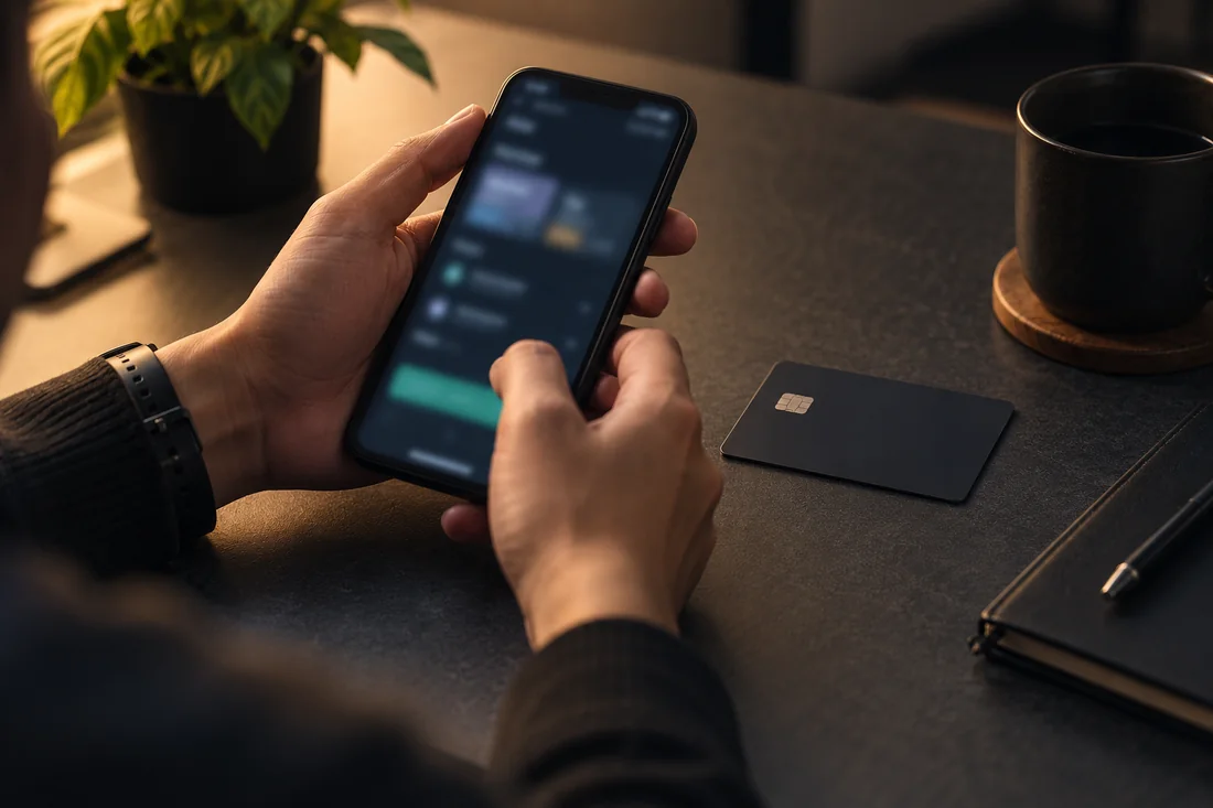 Person checking an unreadable phone screen beside a plain card
