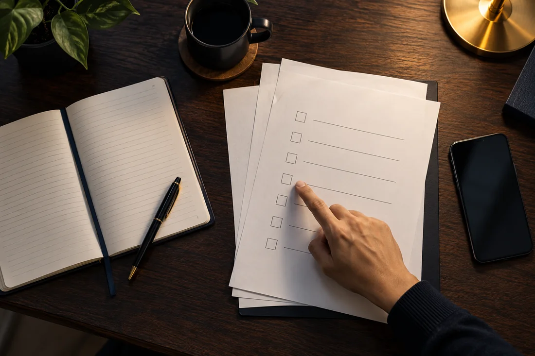 Person reviewing a paper checklist and notebook at a desk