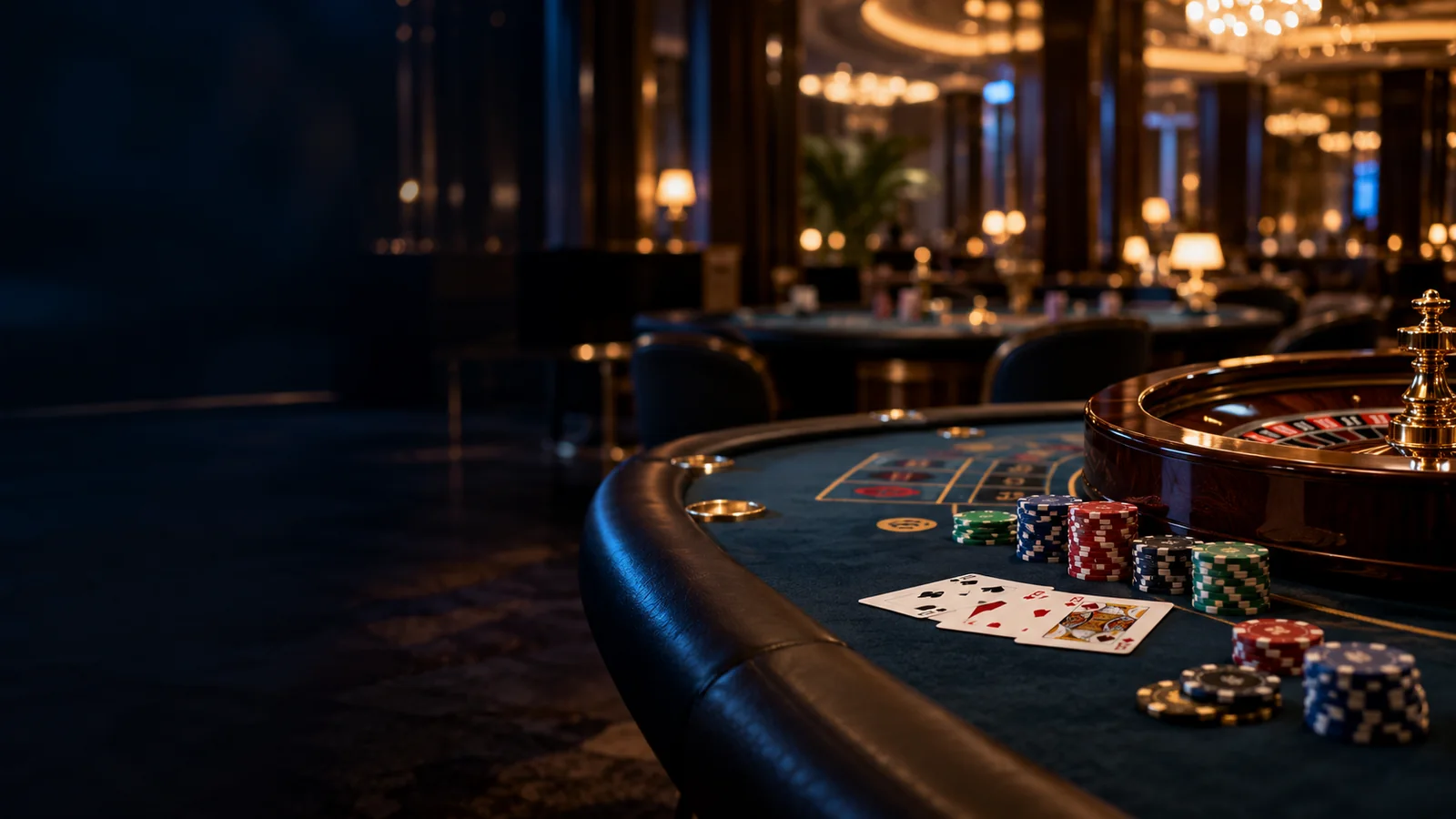 Casino table with cards, chips and a roulette wheel in a softly lit lounge