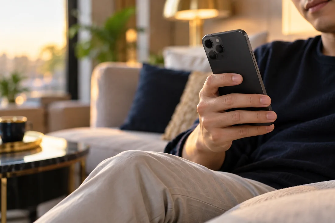 Person holding the back of an unbranded smartphone in a lounge